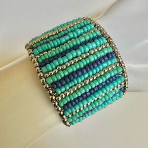 Blue beaded tassel open cuff bracelet